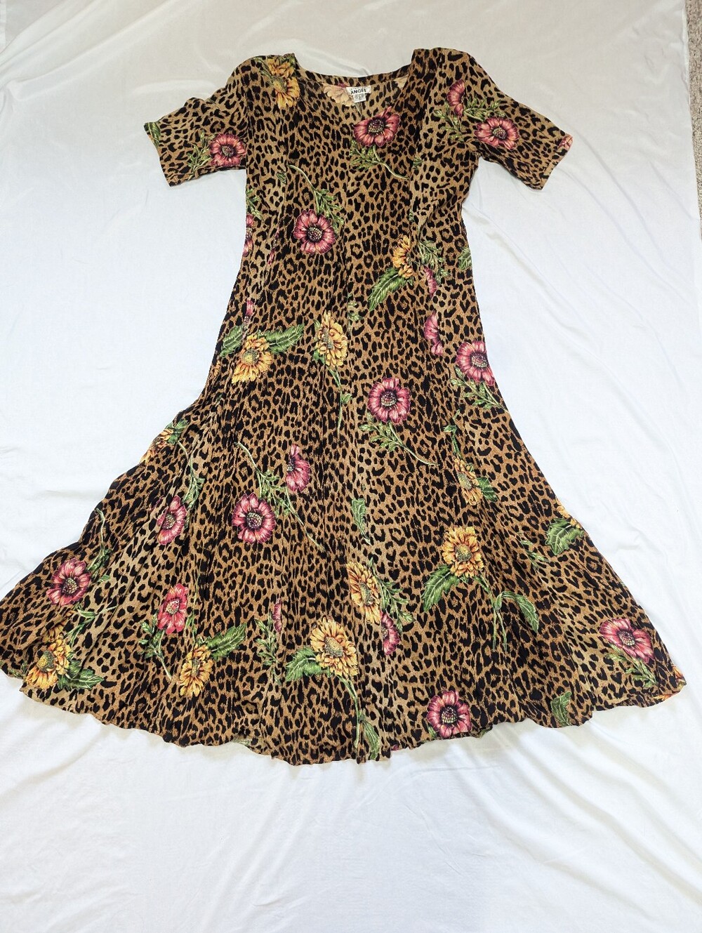 Vintage 90's American Angel Leopard Print & Flower Crinkle Maxi Dress Y2K Retro